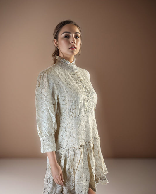 Royale Ivory Color Cotton Schiffli detail Tunic with Cuff sleeves