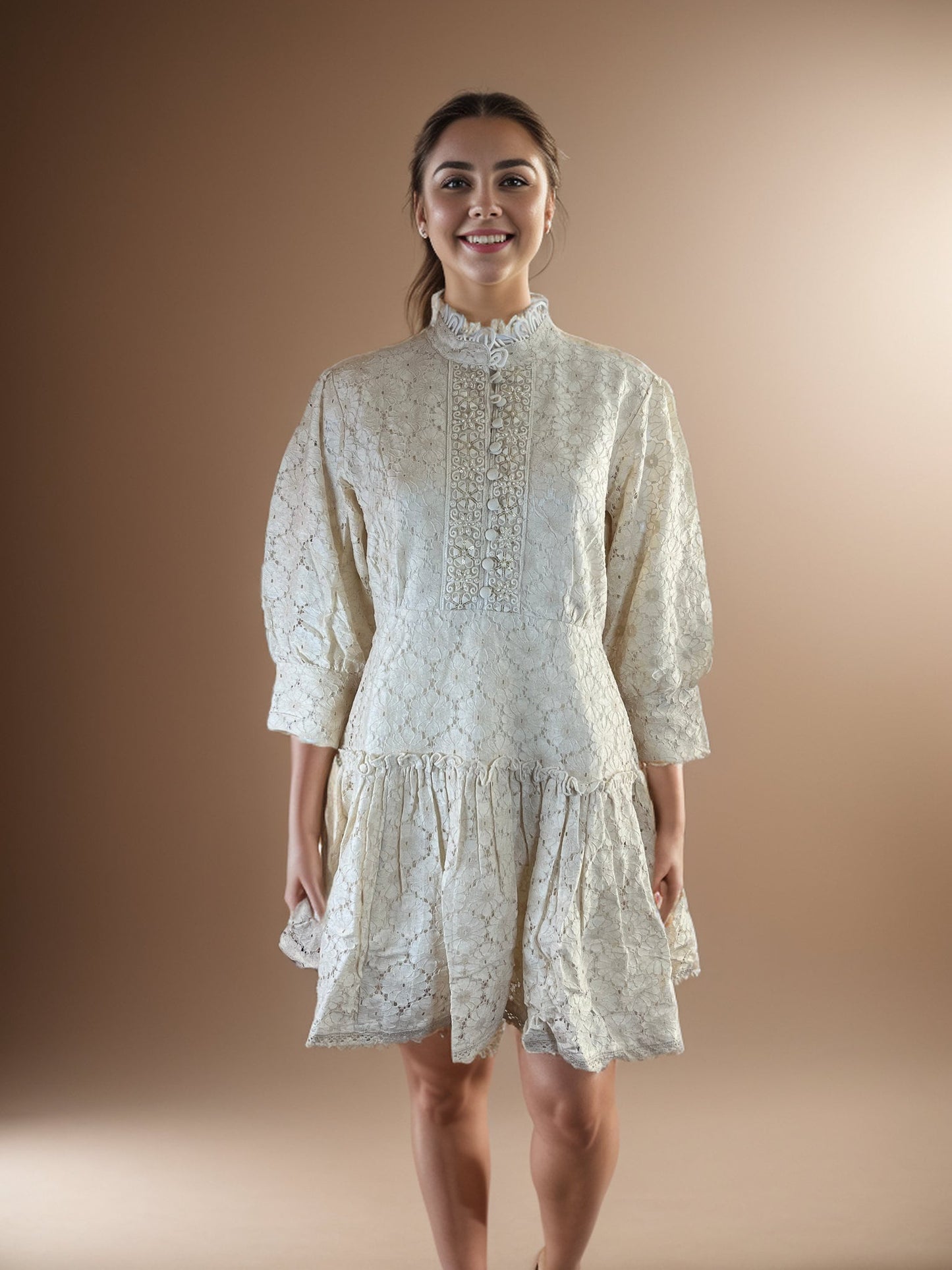 Royale Ivory Color Cotton Schiffli detail Tunic with Cuff sleeves