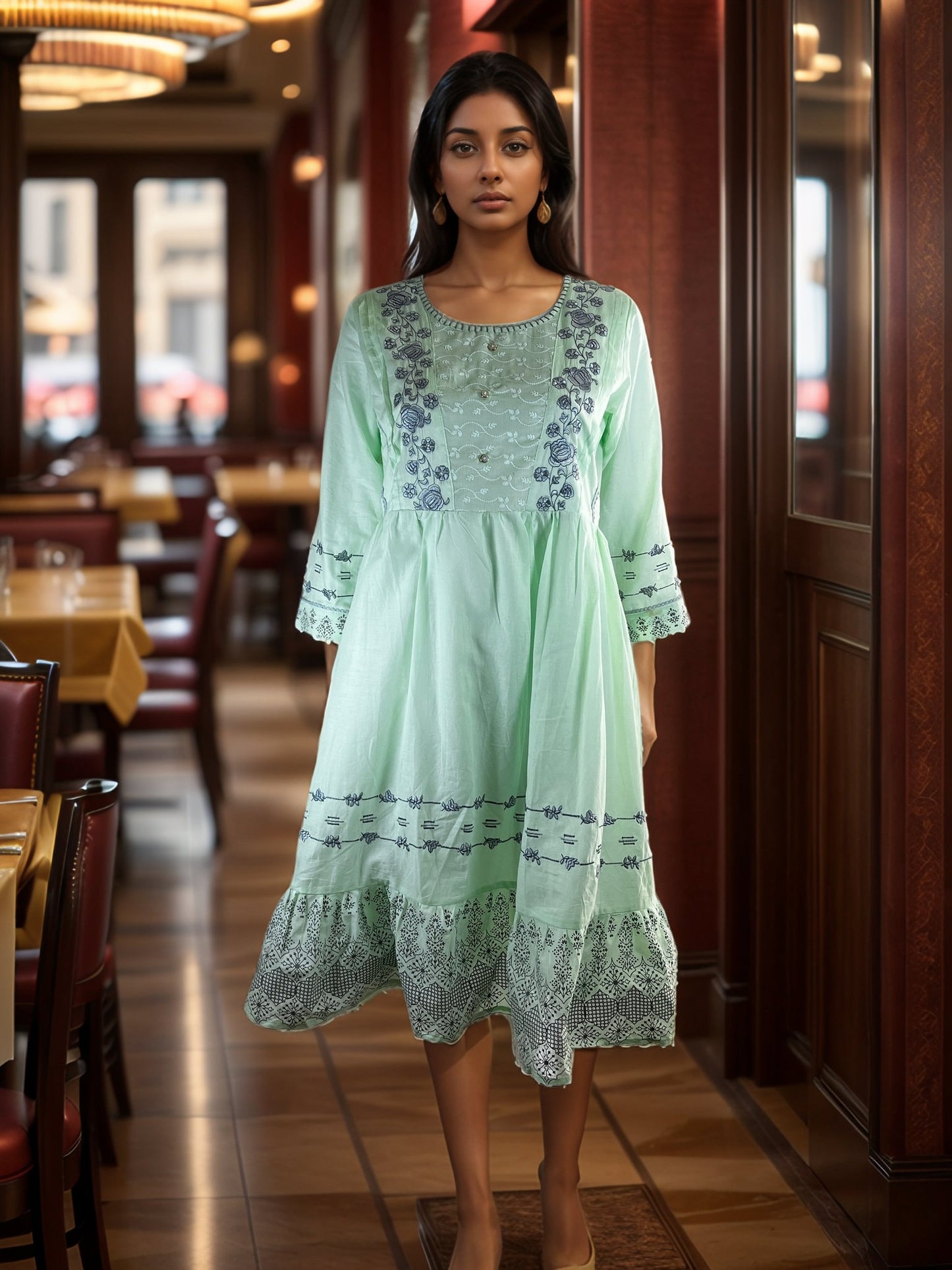 Charming Light Green Cotton Tunic with gray Embroidery