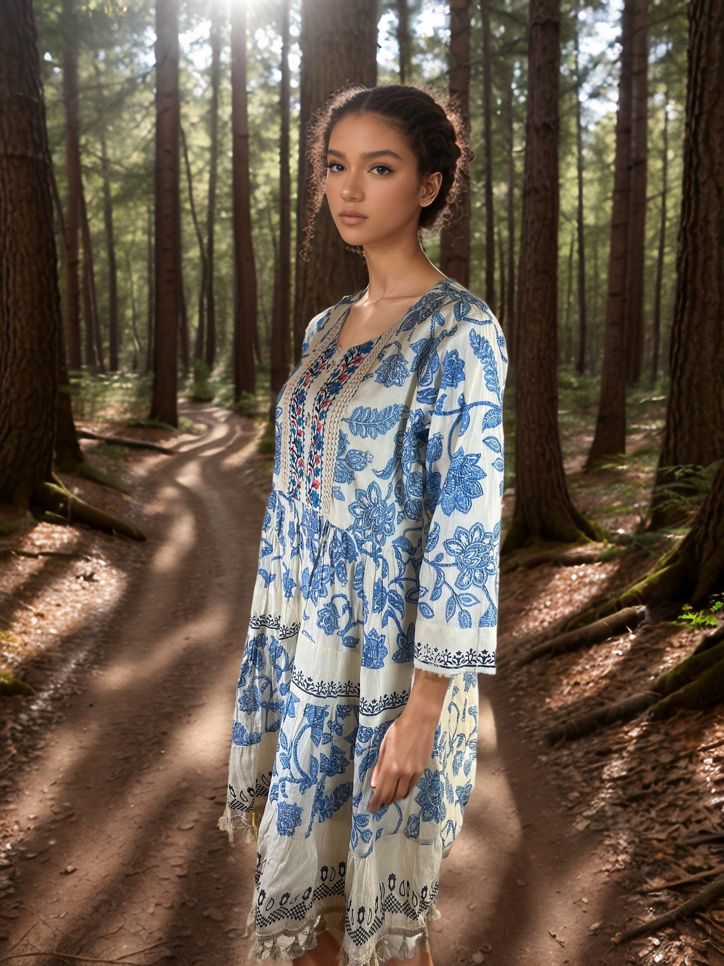 Cute Blue and White Cotton Tunic with Floral print and neck Embroidery