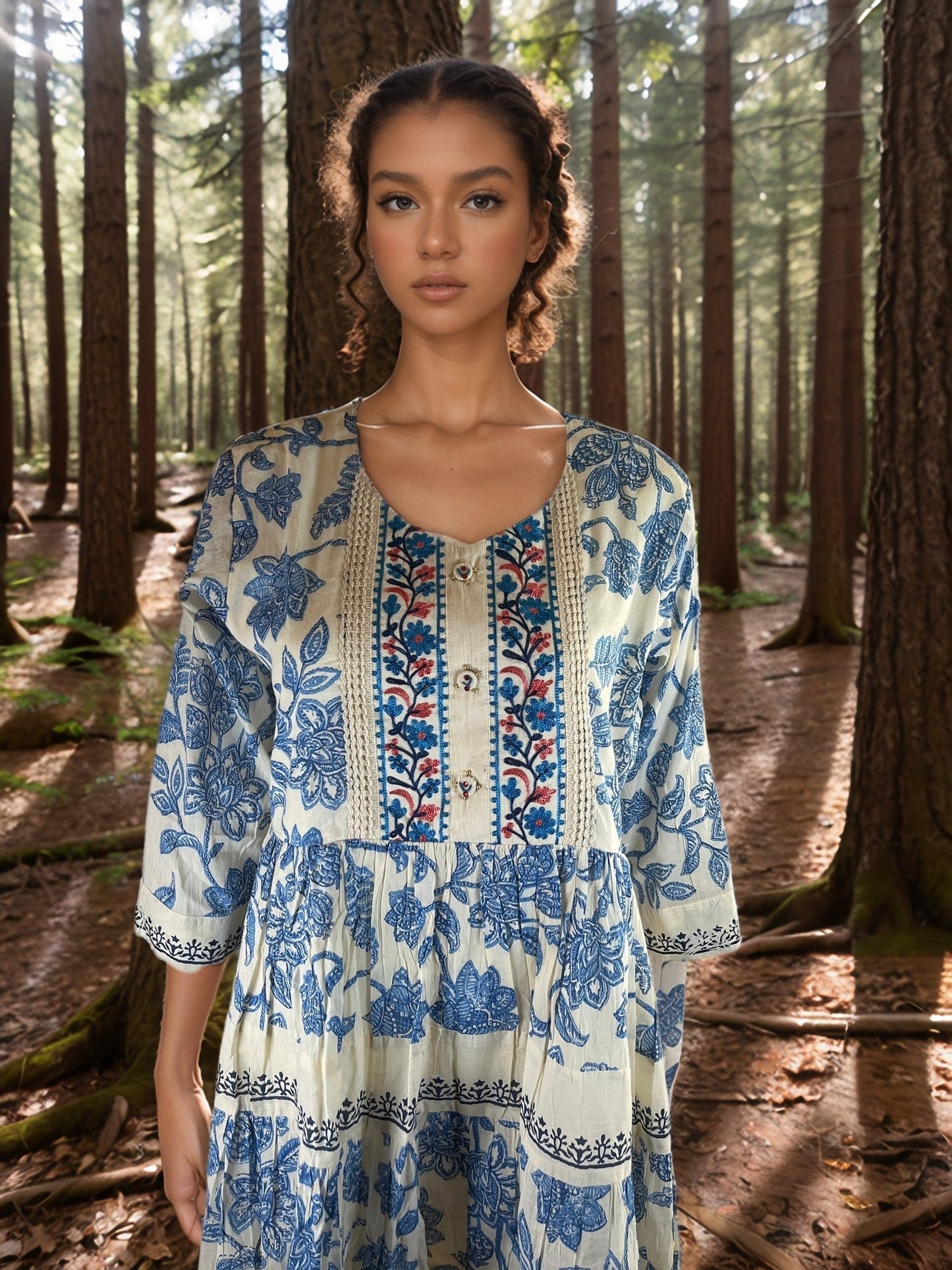 Cute Blue and White Cotton Tunic with Floral print and neck Embroidery