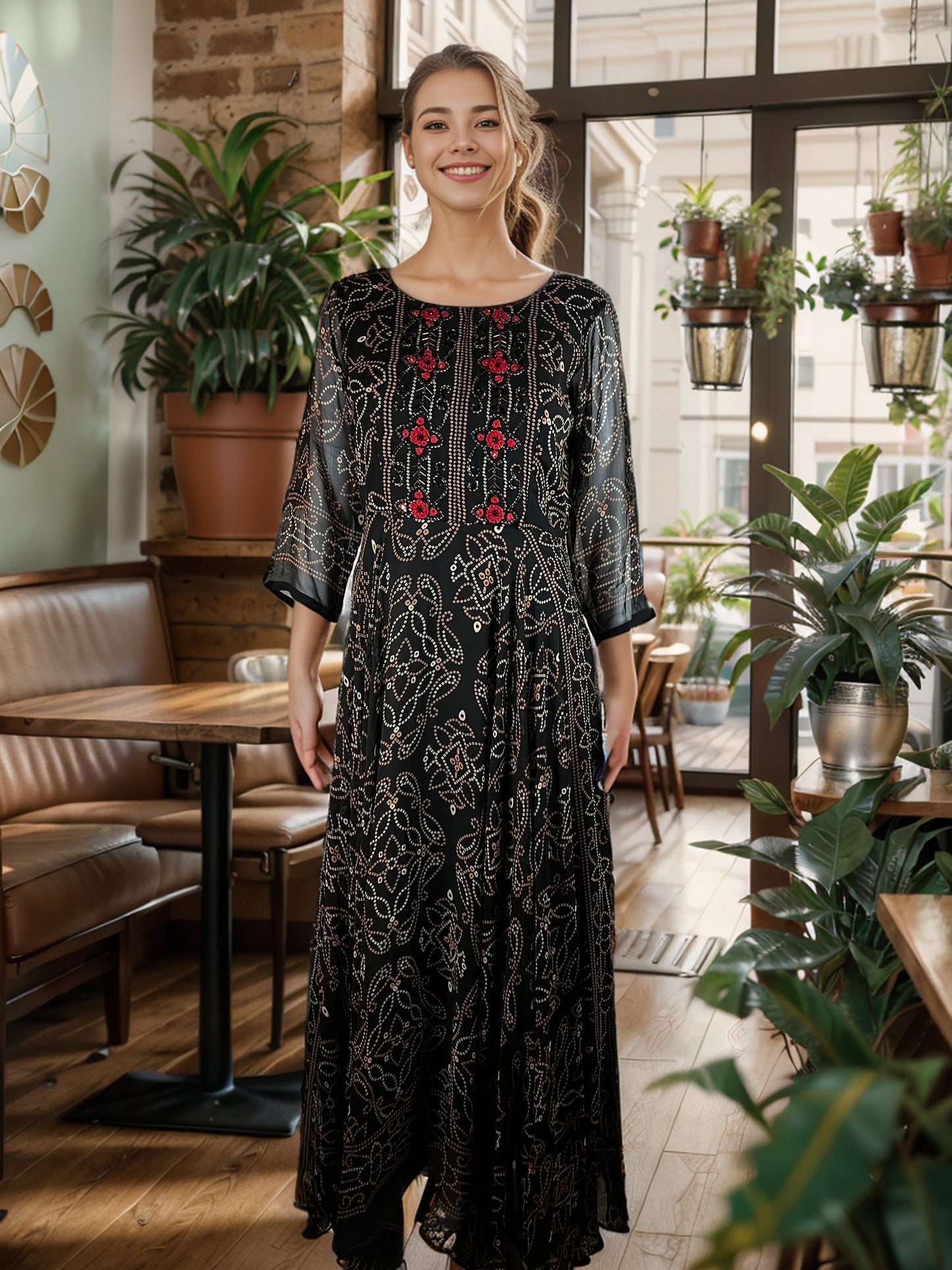 Dazzling Floral and Embroidered Faux Georgette Maxi Gown with Tulle Lining