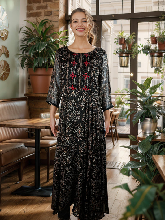 Dazzling Floral and Embroidered Faux Georgette Maxi Gown with Tulle Lining