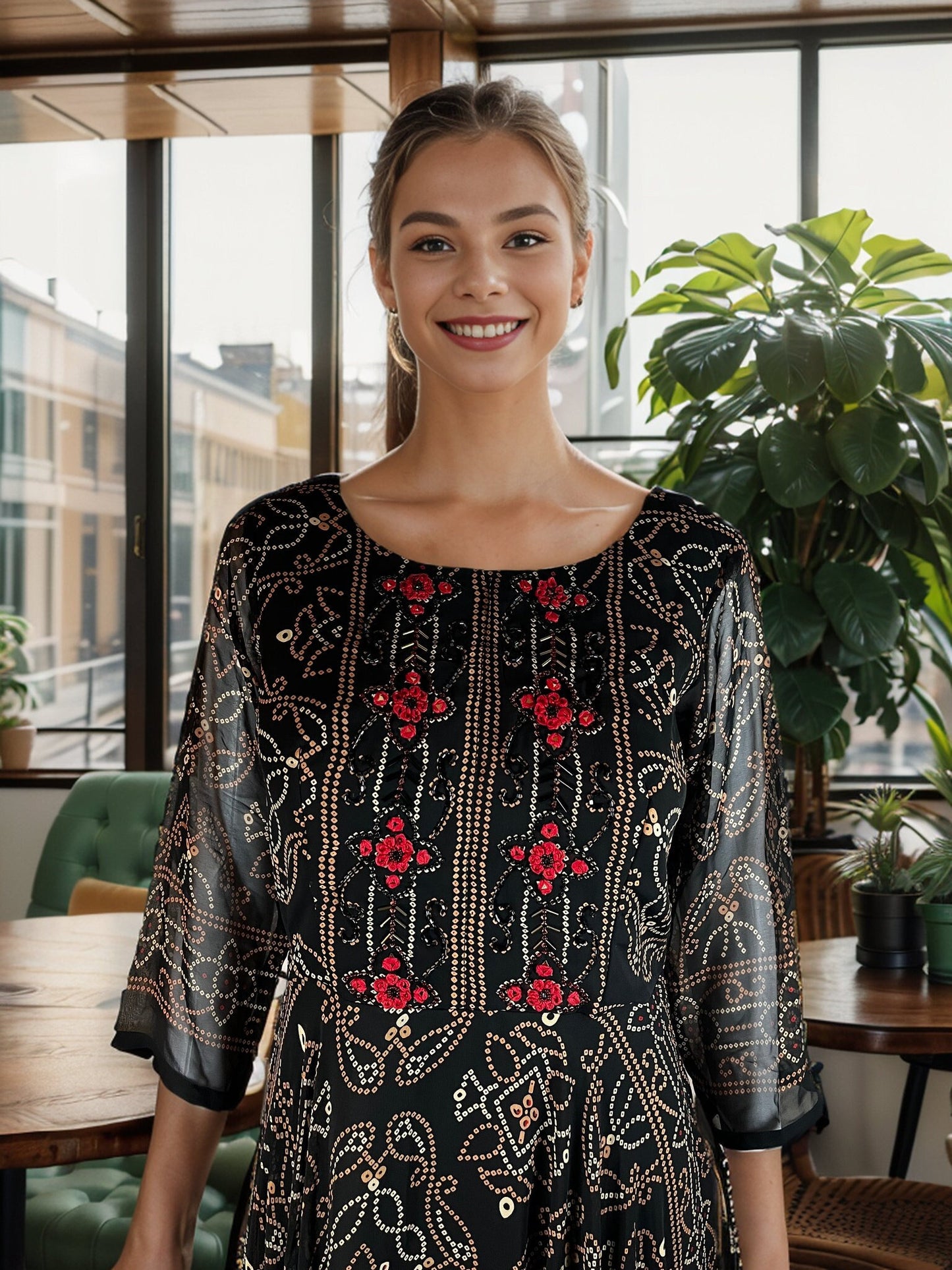 Dazzling Floral and Embroidered Faux Georgette Maxi Gown with Tulle Lining