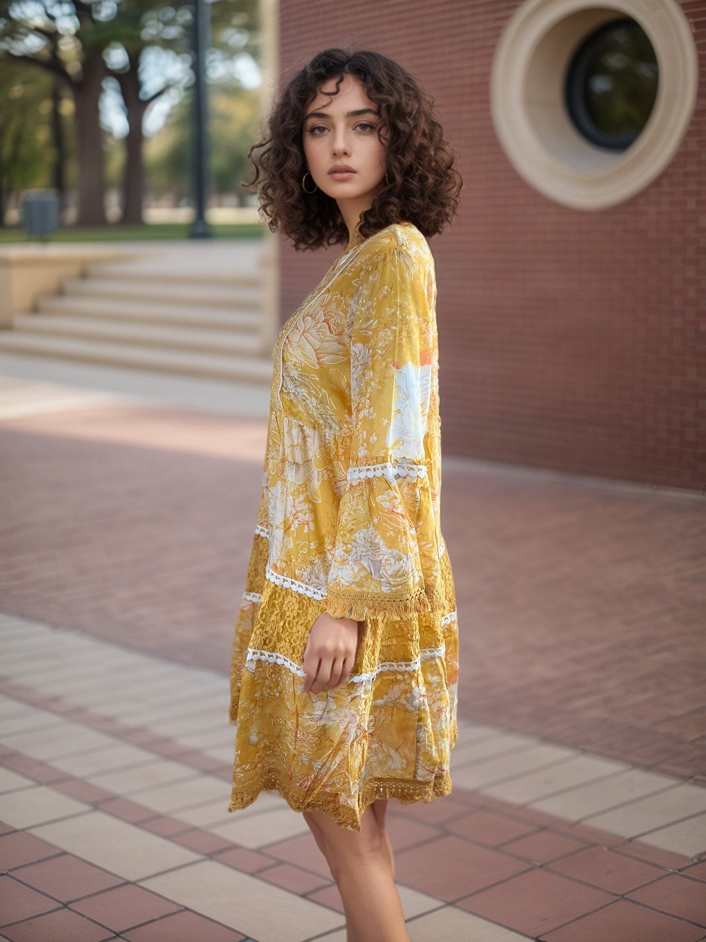 Pretty Yellow cotton Tunic with Lace work, bell sleeves and Embroidery