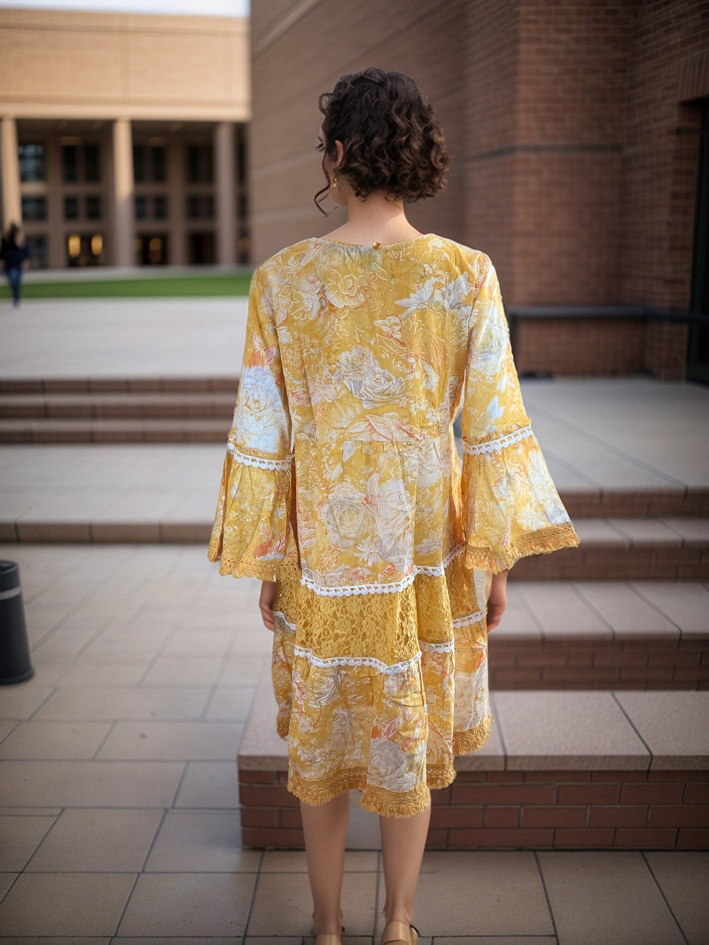 Pretty Yellow cotton Tunic with Lace work, bell sleeves and Embroidery