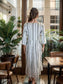 Elegant Gray and White Striped Cotton Maxi dress with 3/4th sleeves