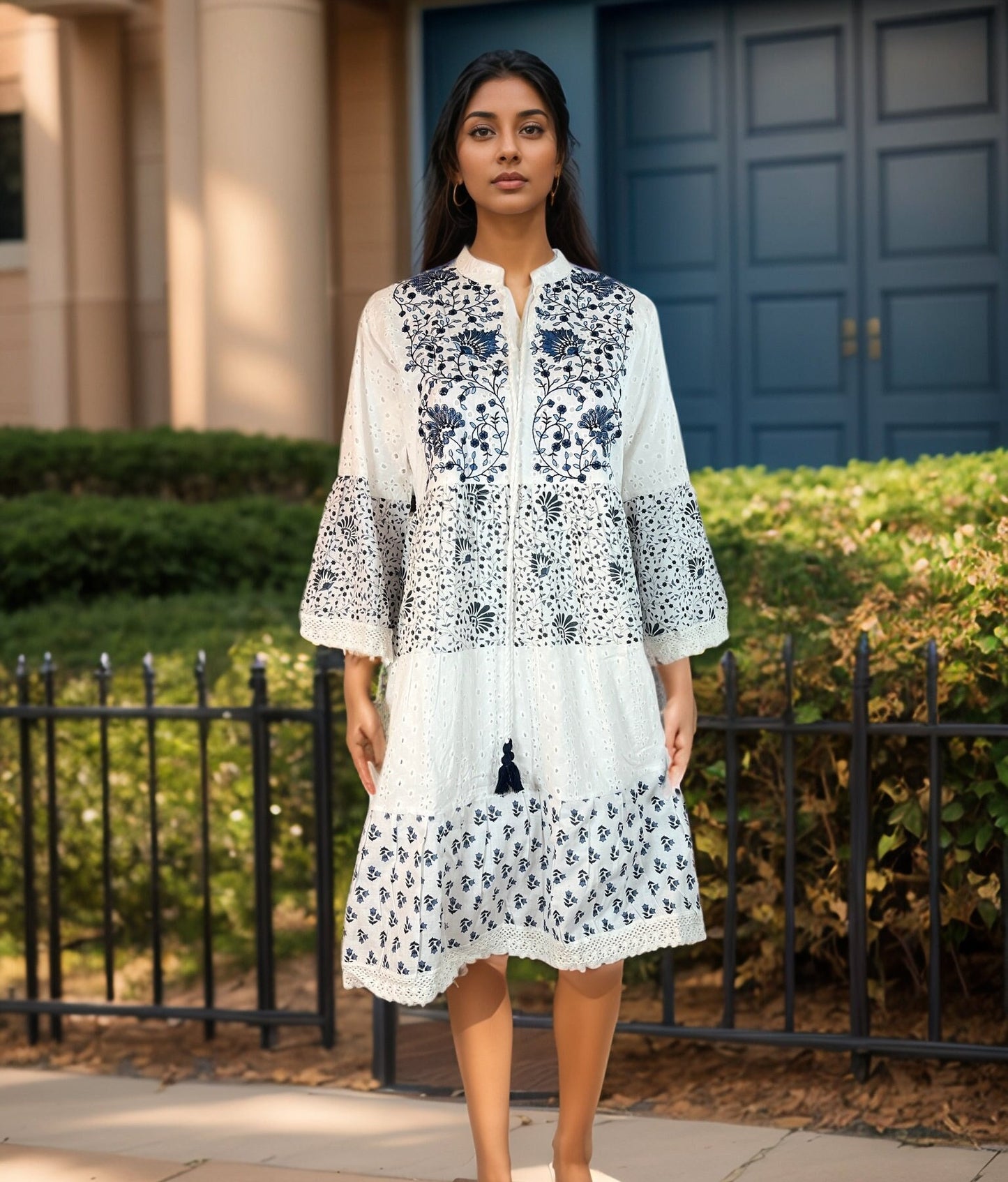 Floral Printed Cotton Dress with Lace, Schiffli detail and Bell Sleeves