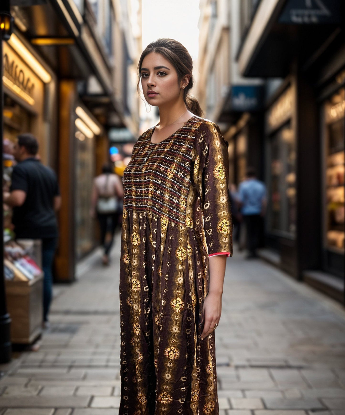Brown and Yellow Tie Dyed Rayon Midi Dress