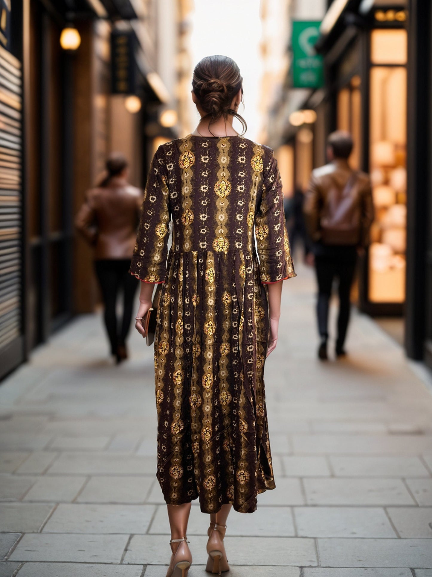 Brown and Yellow Tie Dyed Rayon Midi Dress