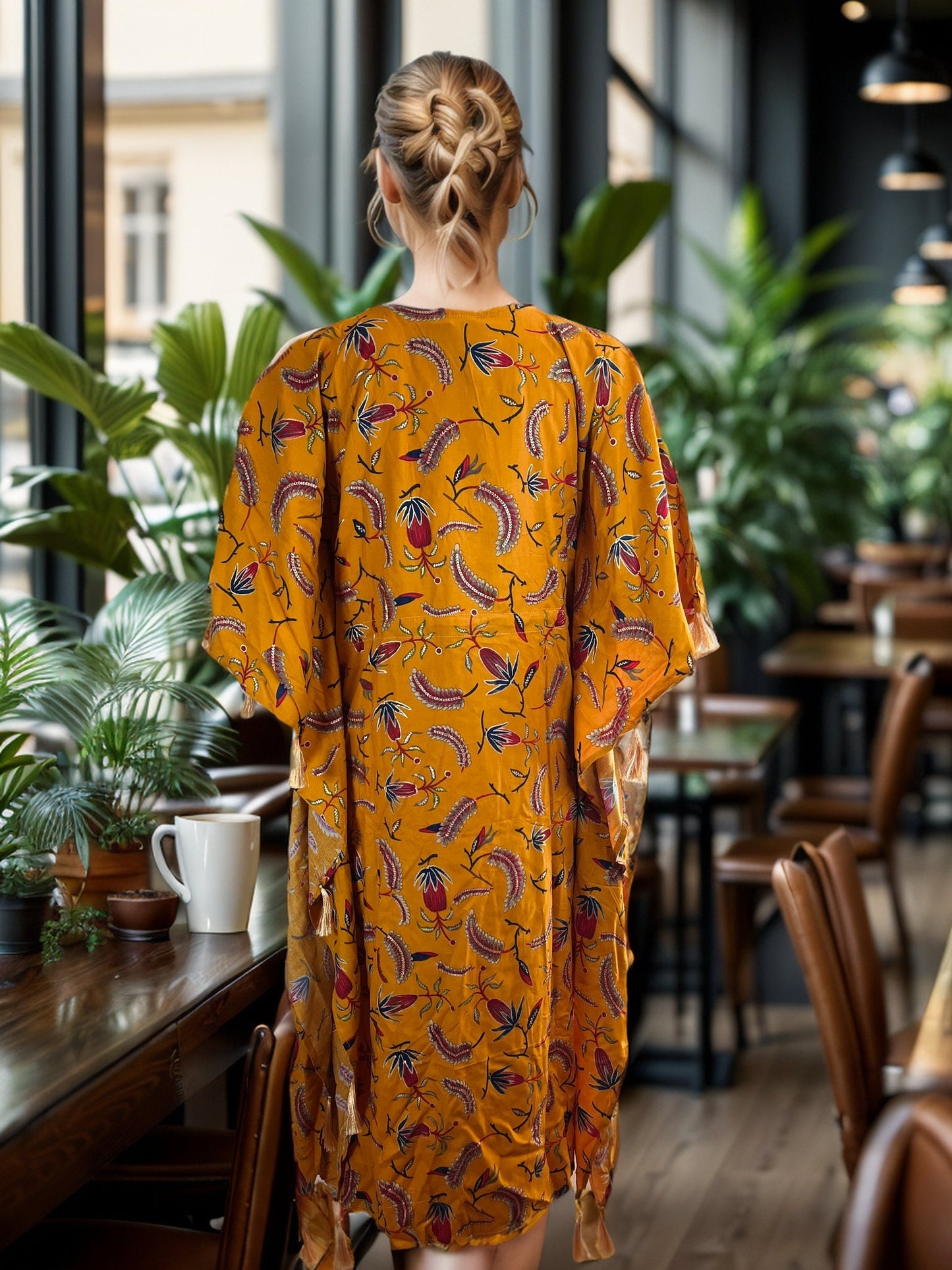 Mustard Yellow Kaftan dress with Tassels