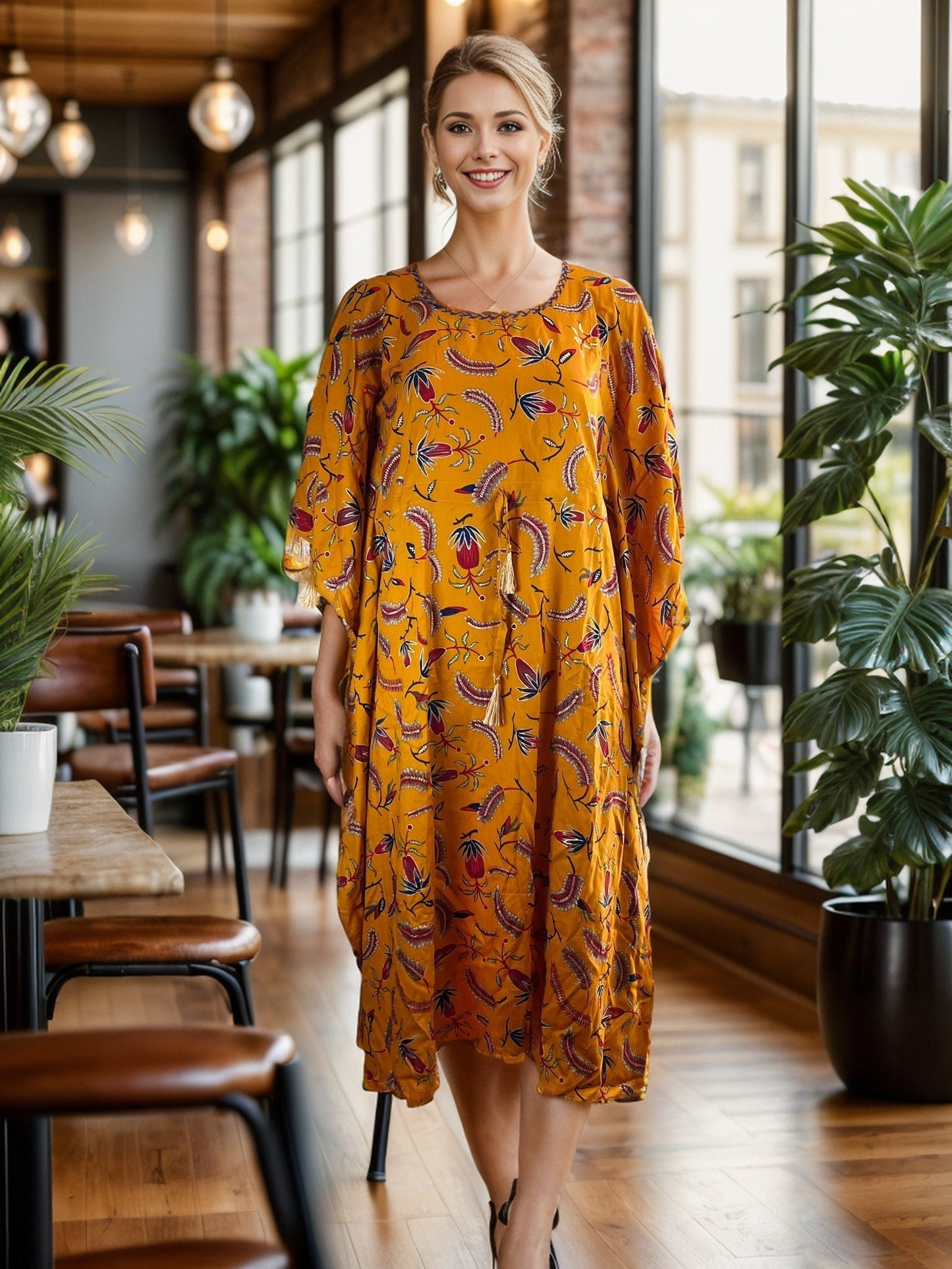 Mustard Yellow Kaftan dress with Tassels