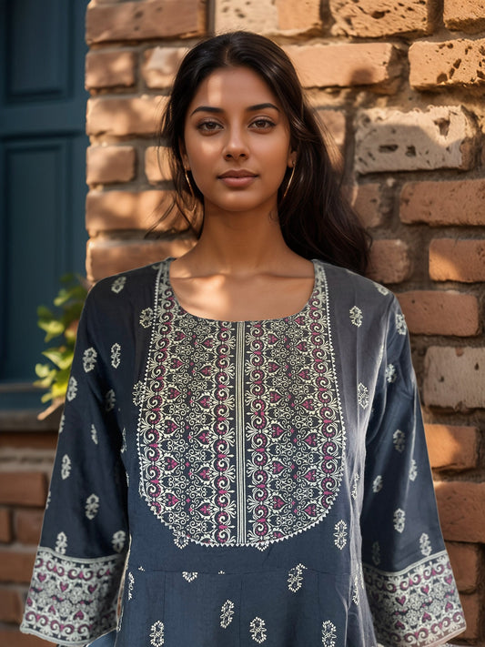 Cotton Floral Embroidered Bell Sleeves Maxi Dress