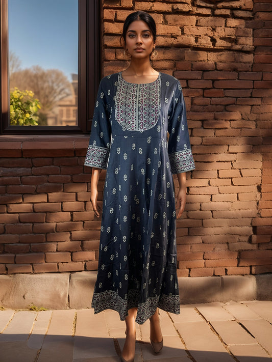 Cotton Floral Embroidered Bell Sleeves Maxi Dress