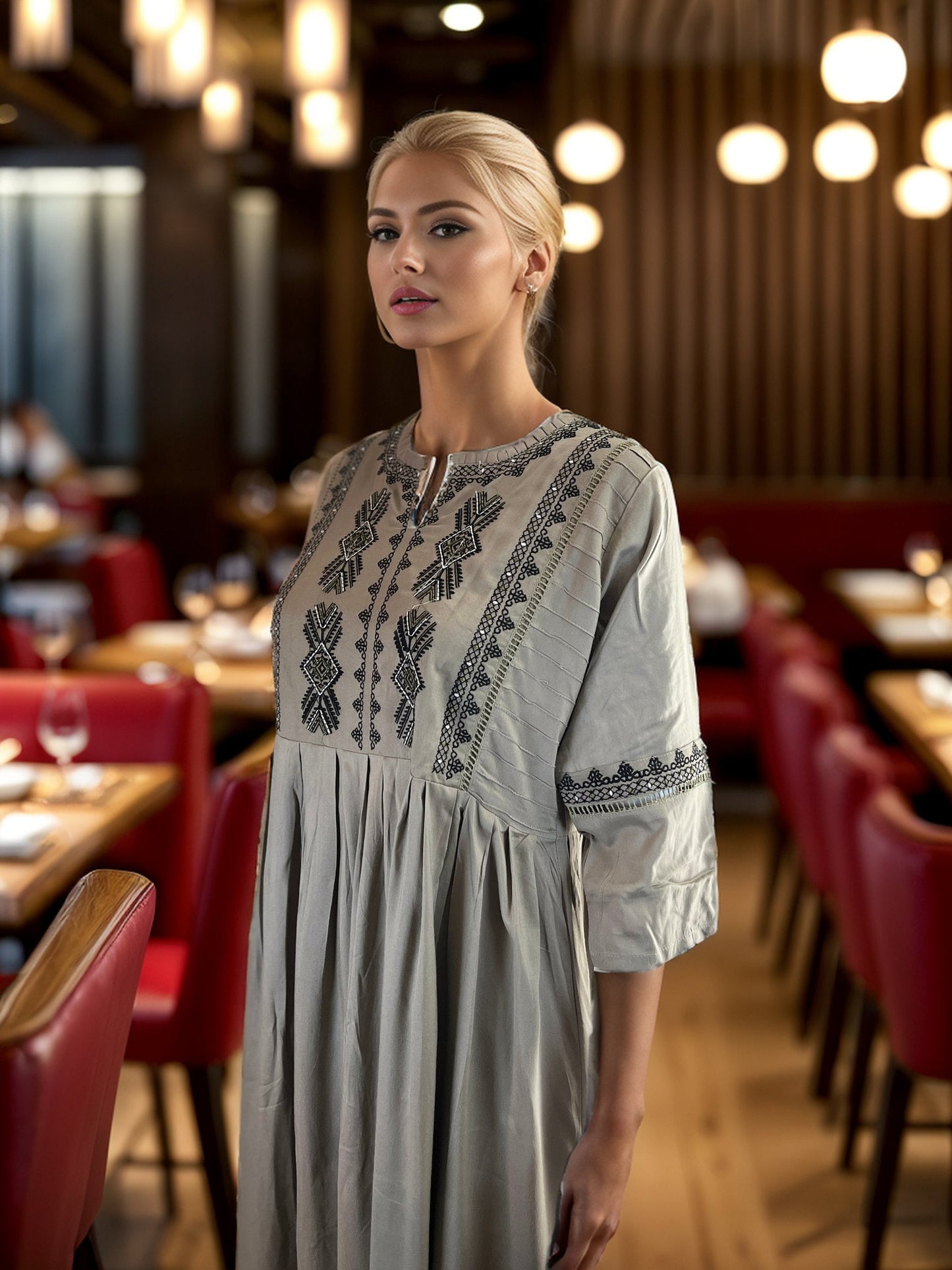 Natural Gray Maxi with Black Embroidery