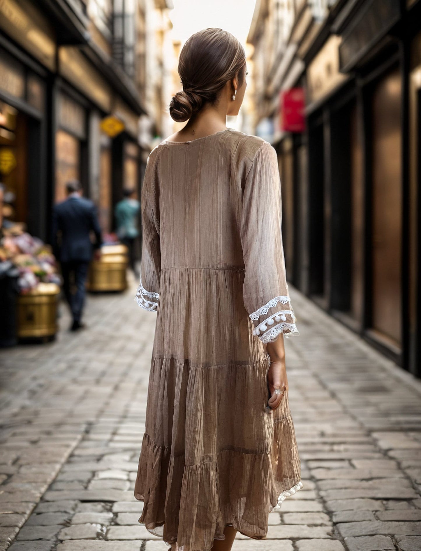 Brown Tunic with White Embroidery and Lace