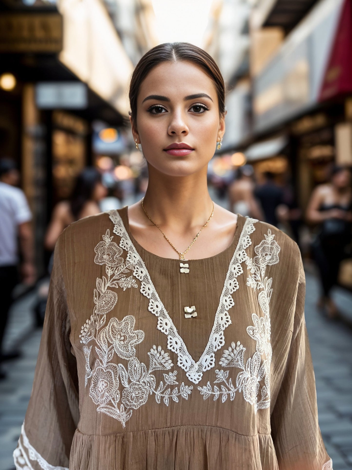 Brown Tunic with White Embroidery and Lace