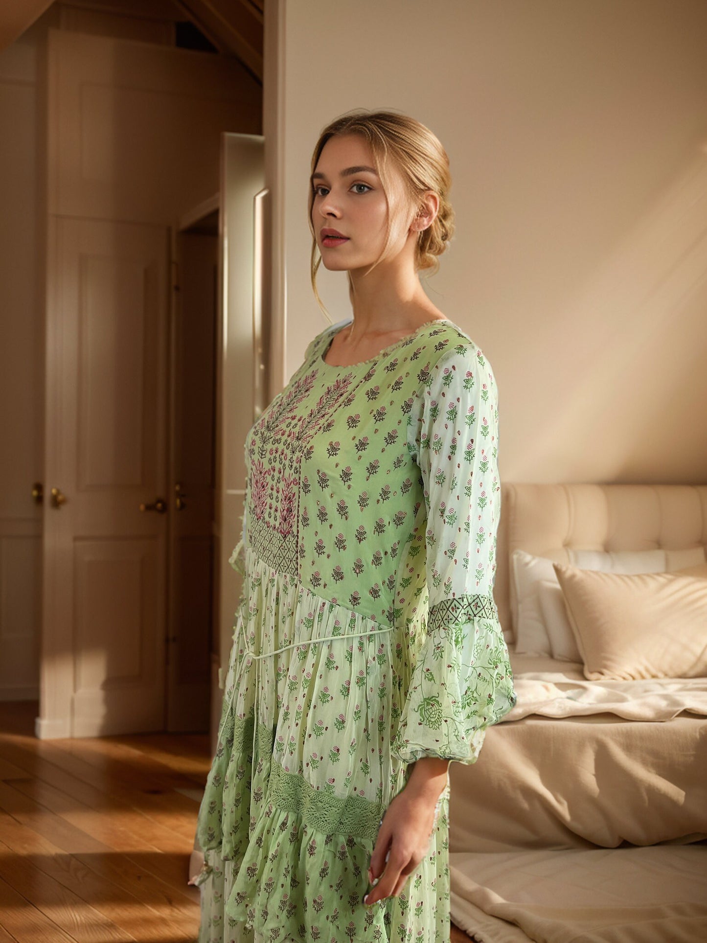 Floral Printed Layered Georgette Maxi Dress with Bell Sleeves