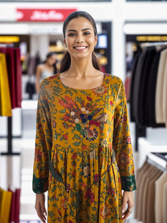 Divine Embroidered Yellow and Green Floral print Rayon Maxi