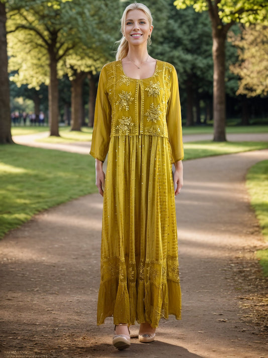 Elegant Mustard Maxi Dress with Sequins and Embroidery - Boho Chic Statement