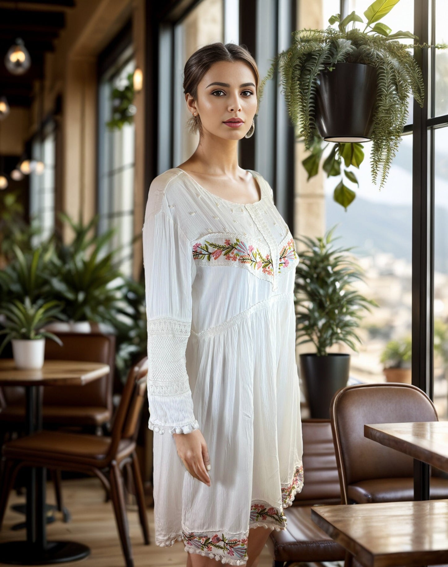 White Cotton Tunic with beautiful Lace detailed Sleeves with Embroidery