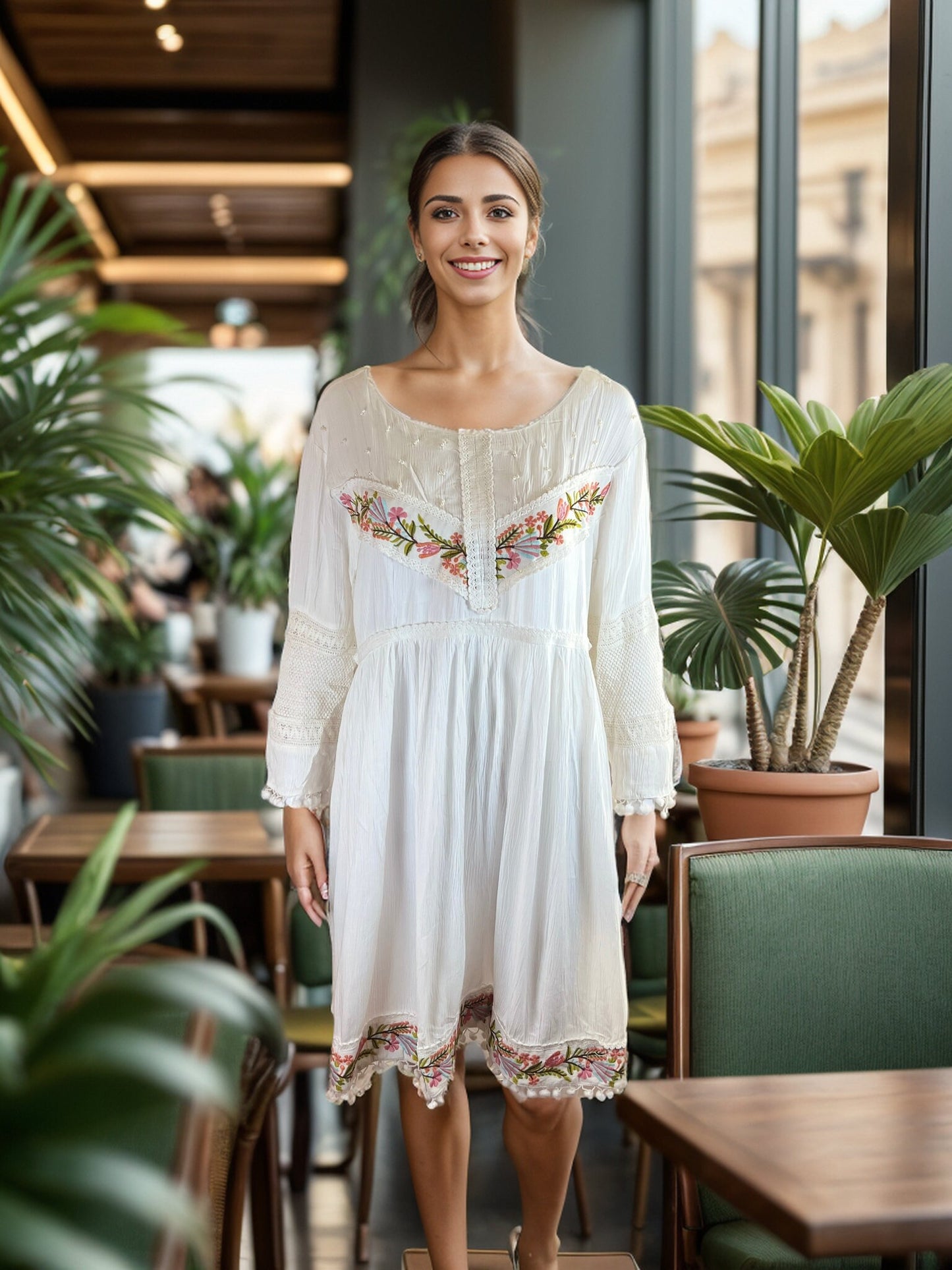 White Cotton Tunic with beautiful Lace detailed Sleeves with Embroidery