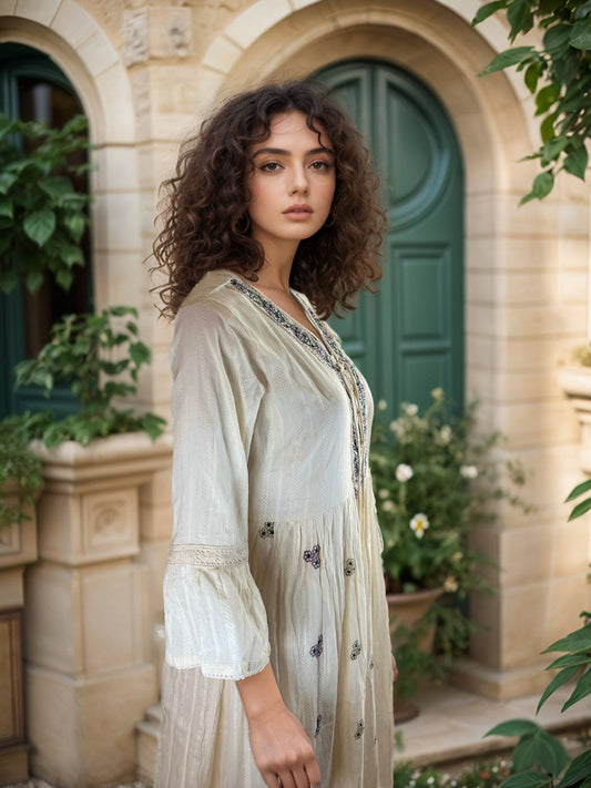 Beautiful Off white embroidered Maxi Dress with Bell Sleeves