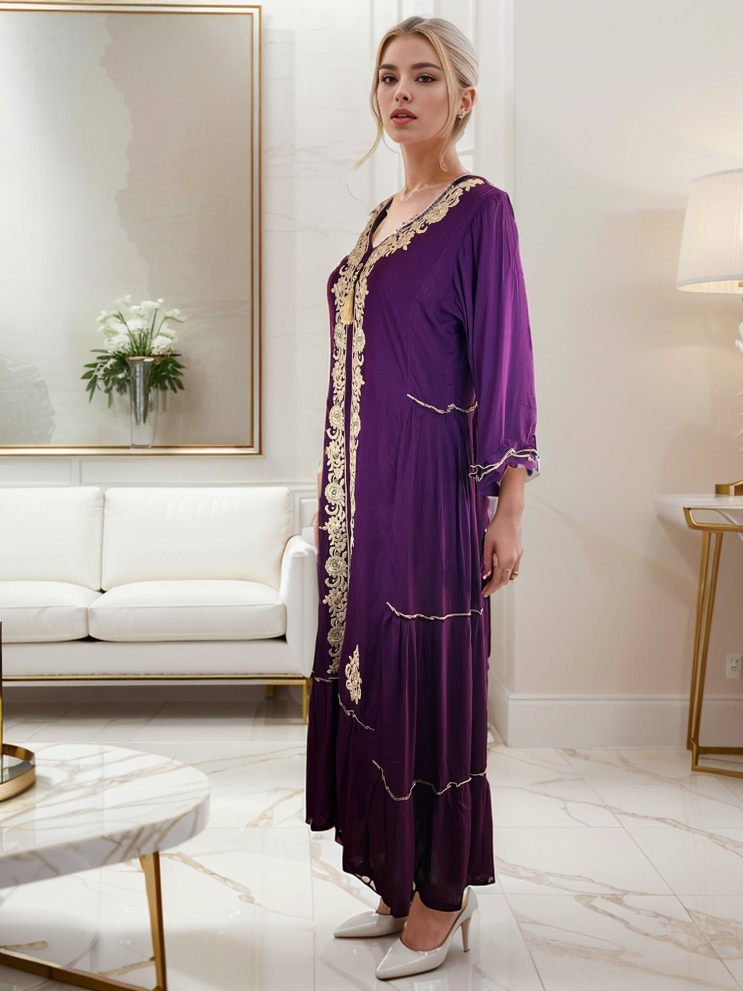 Exquisite Purple Layered and Embroidered  Rayon Maxi