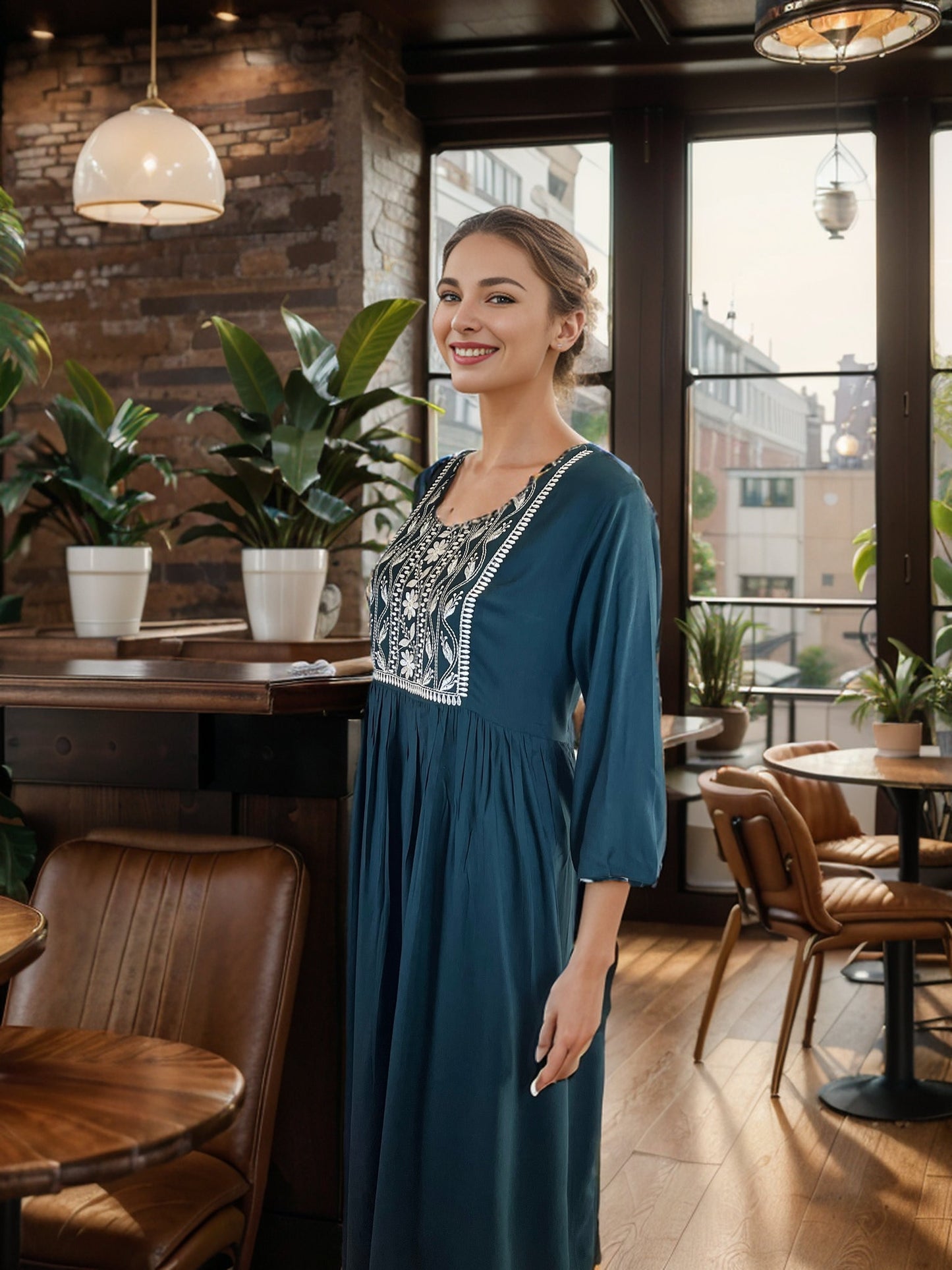 Charming Emerald Green Embroidered  Rayon Maxi