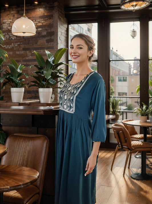 Charming Emerald Green Embroidered  Rayon Maxi