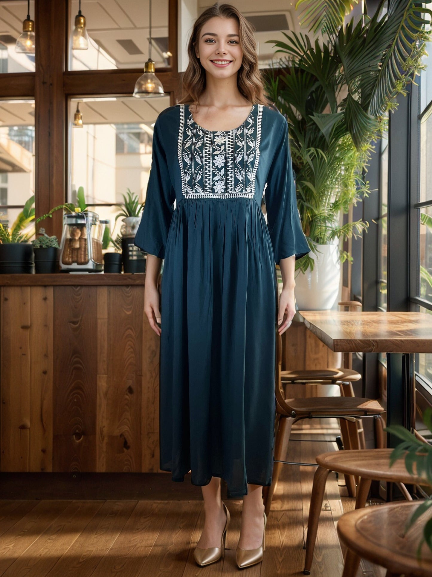 Charming Emerald Green Embroidered  Rayon Maxi