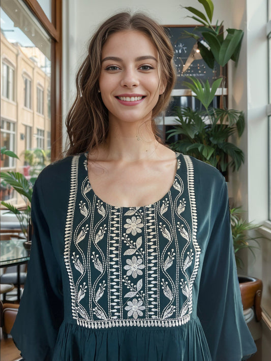 Charming Emerald Green Embroidered  Rayon Maxi