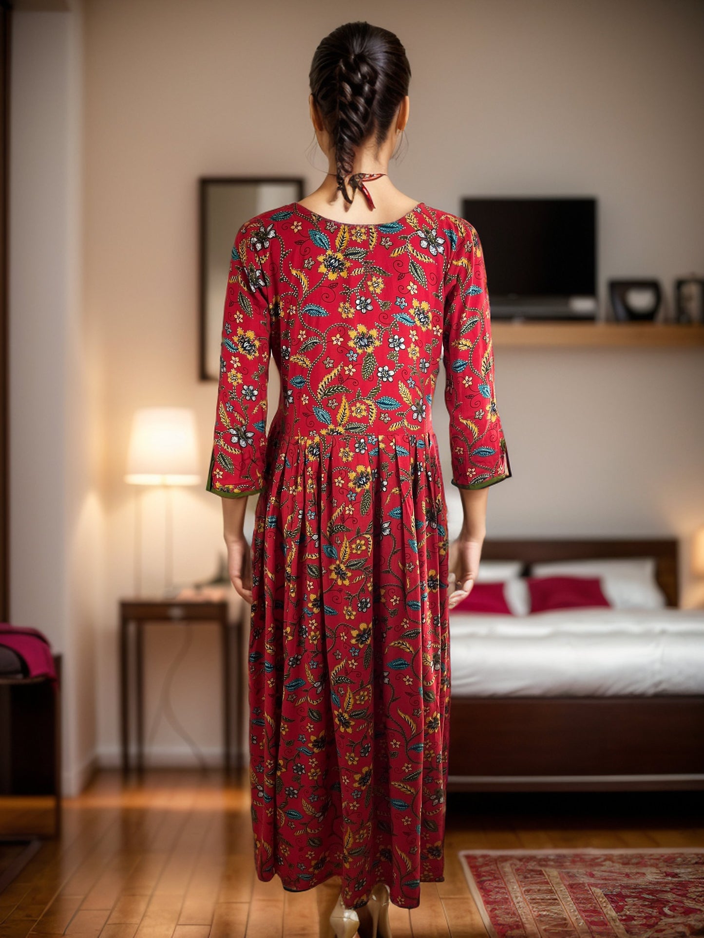 Red Floral printed Rayon Maxi