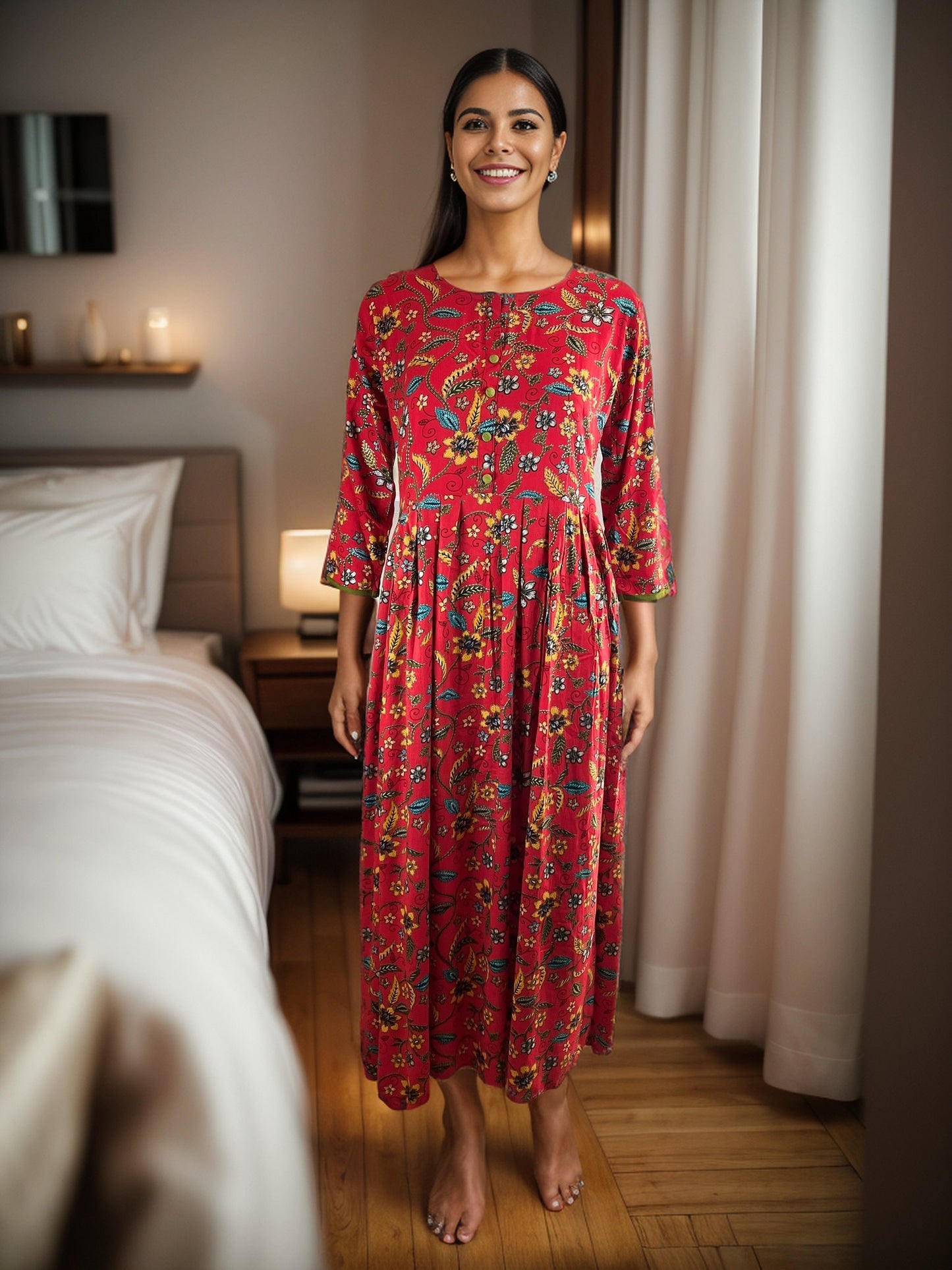 Red Floral printed Rayon Maxi