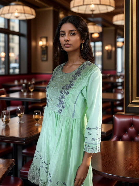 Charming Light Green Cotton Tunic with gray Embroidery