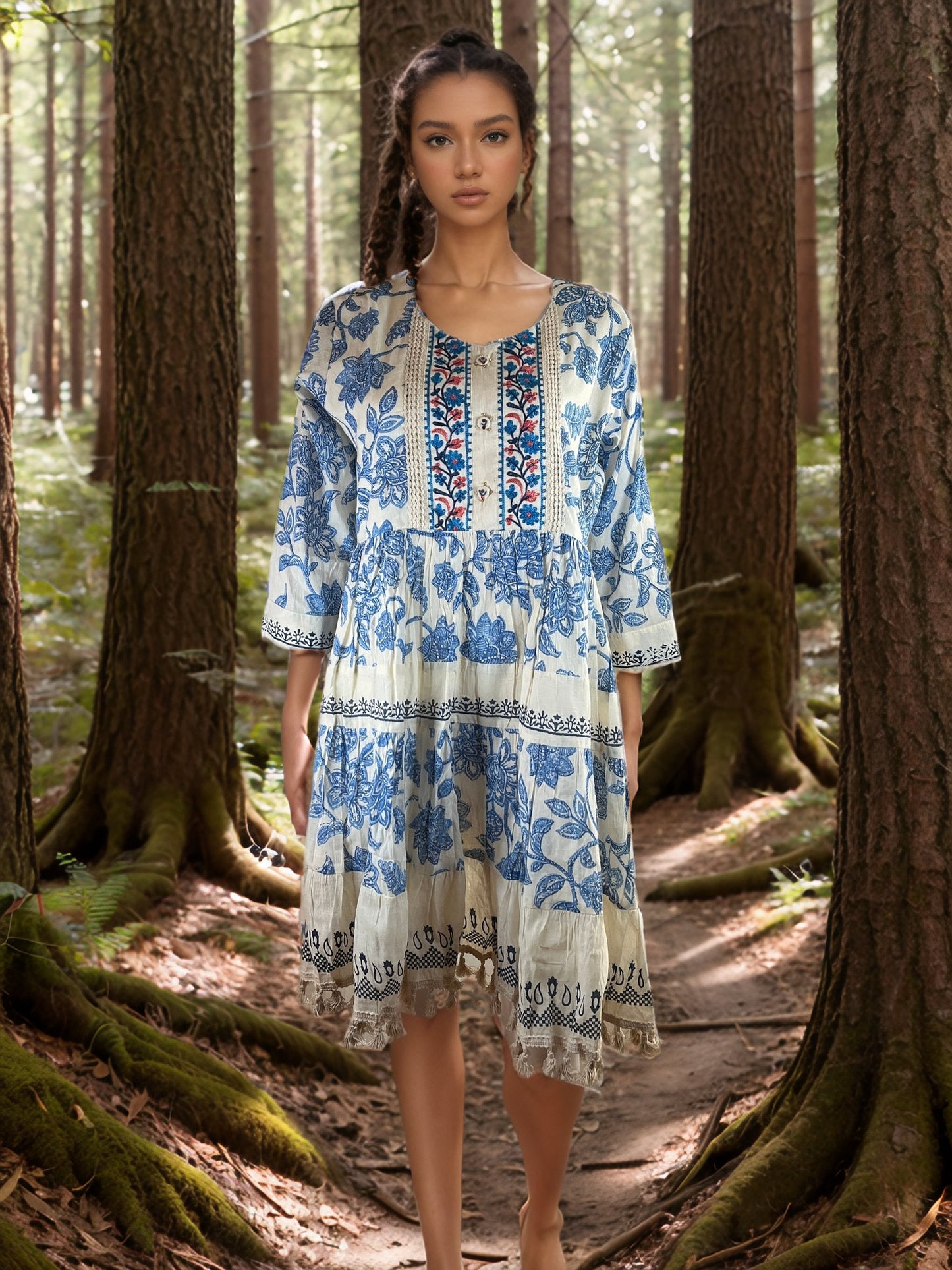 Cute Blue and White Cotton Tunic with Floral print and neck Embroidery