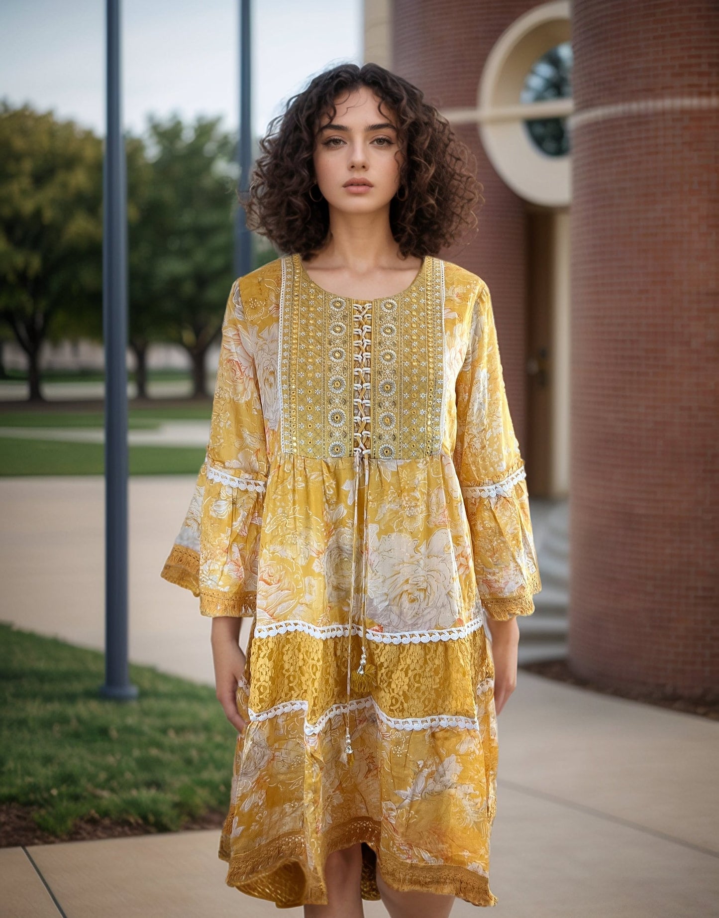 Pretty Yellow cotton Tunic with Lace work, bell sleeves and Embroidery