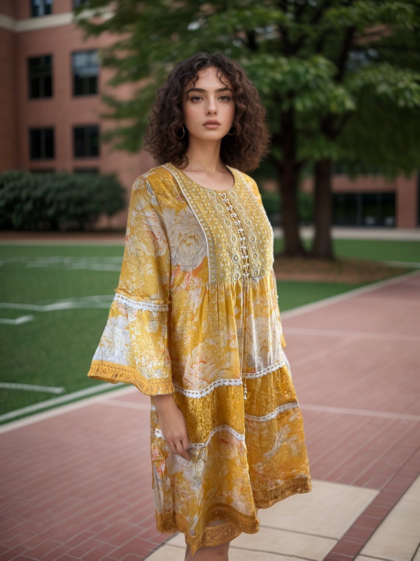 Pretty Yellow cotton Tunic with Lace work, bell sleeves and Embroidery