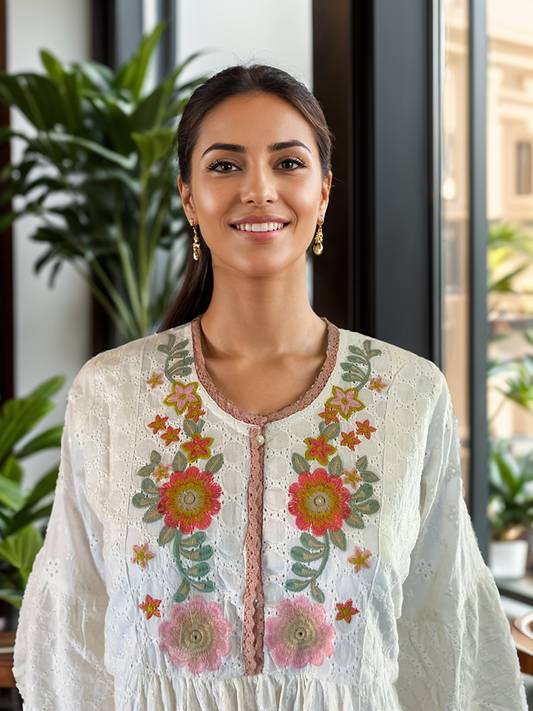 Adorable Floral embroidered cotton dress with bell sleeves