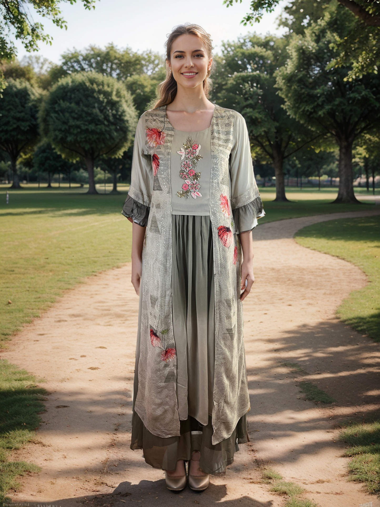 Alluring Floral dual toned Crepe Maxi Dress with Bell sleeves and Embroidery