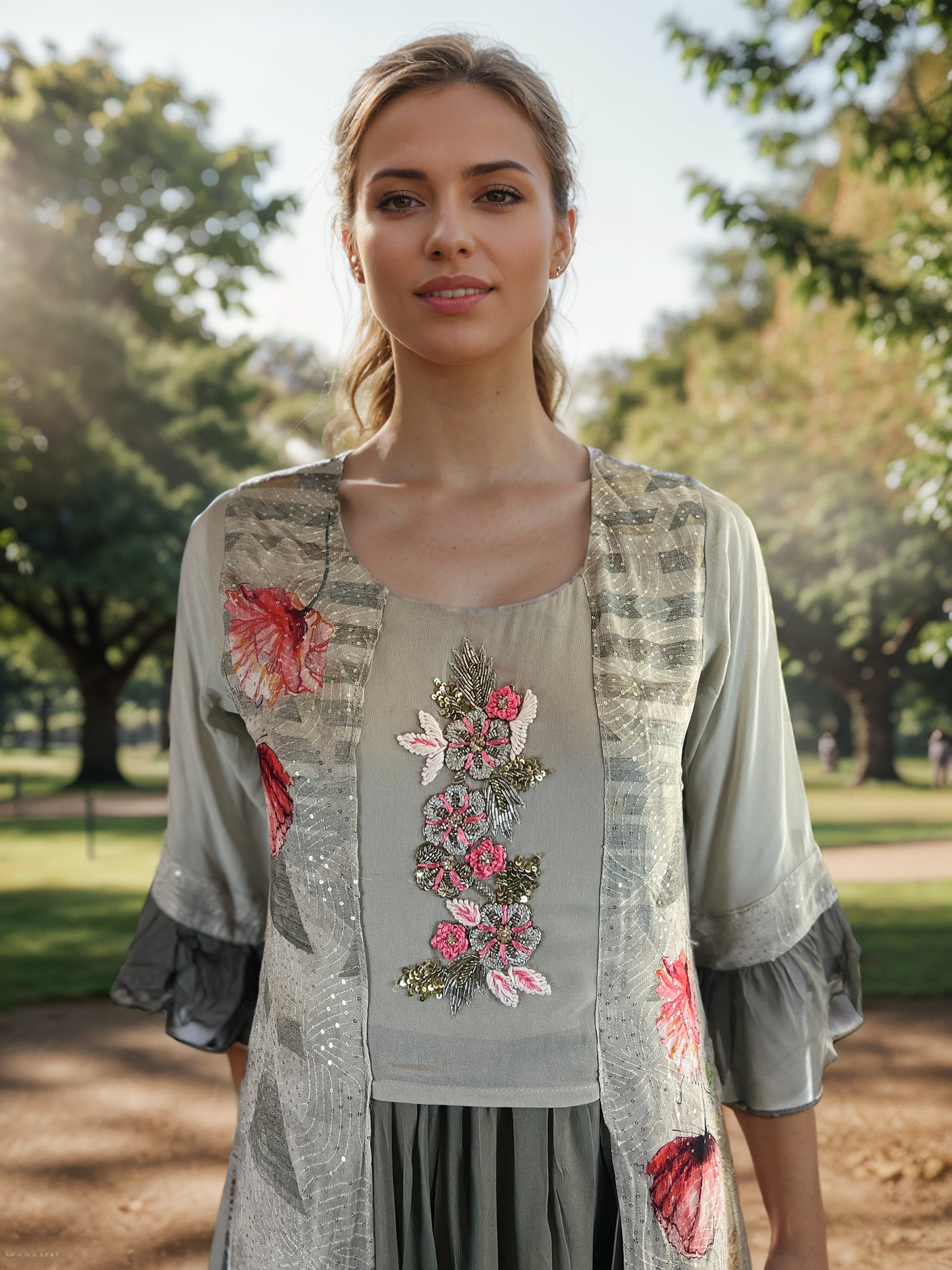 Alluring Floral dual toned Crepe Maxi Dress with Bell sleeves and Embroidery